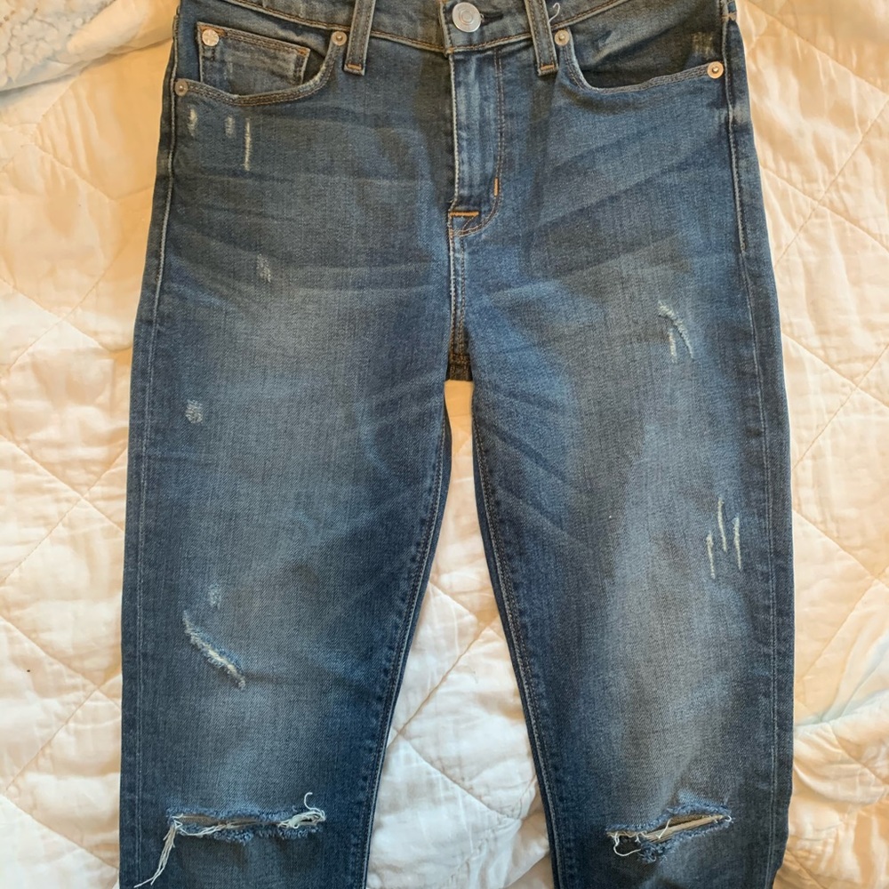 Hudson denim distressed skinny jeans.